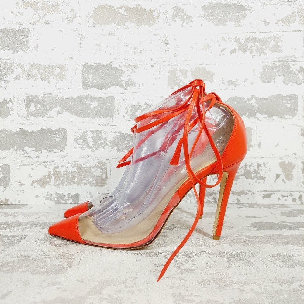 New Brother Vellies Orange/Tan Leather Pointed Toe Strappy Pump Heels B521